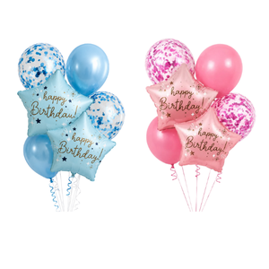 Happy Birthday balloon bouquet set with star foil balloons, confetti balloons, and latex balloons available in blue and pink.