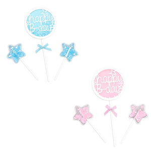 Happy Birthday shaker cake topper set with glitter birthday topper and two matching star toppers available in blue and pink for birthday cake decorations.