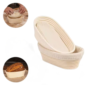 Natural oval rattan sourdough proofing basket (banneton) with removable cotton liner for artisan bread baking, available in 21cm, 25cm, 30cm, and 35cm sizes.
