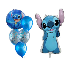 Blue Stitch foil balloon bouquet with confetti balloons for birthday party decoration