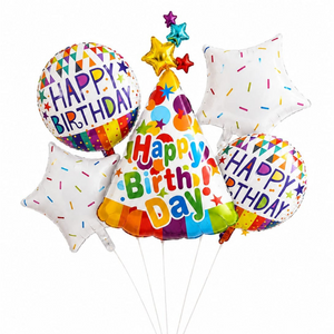 Happy Birthday balloon bouquet featuring a large birthday hat foil balloon, two Happy Birthday round balloons, and two white star-shaped foil balloons for birthday party decorations.
