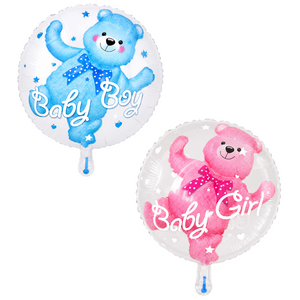 18-inch Baby Boy and Baby Girl teddy bear foil balloons featuring adorable blue and pink teddy bear designs for baby shower, gender reveal, and newborn party decorations.