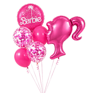 Barbie birthday balloon bouquet with Barbie silhouette foil balloon, Barbie logo balloon, pink confetti balloons, and pink latex balloons for girls' birthday party decorations.