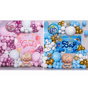 Baby shower balloon garland kit available in It's a Girl pink theme and It's a Boy blue theme with balloon arch, baby foil balloon, and party backdrop