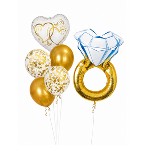 Engagement balloon bouquet featuring a diamond ring foil balloon, white heart balloon with gold wedding rings, gold chrome balloons, and gold confetti balloons for proposal and bridal shower decorations.