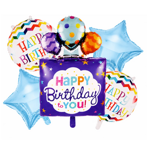 Happy Birthday balloon bouquet with colorful foil balloons, blue star balloons, and birthday party decorations