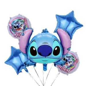 Blue Stitch balloon bouquet with large Stitch foil balloon, matching round balloons, and blue star foil balloons for birthday party decorations