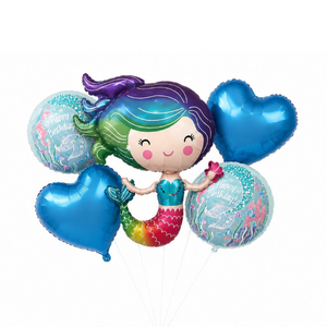 Mermaid birthday balloon bouquet featuring a large mermaid foil balloon, two blue heart balloons, and Happy Birthday mermaid balloons for girls' birthday party decorations.