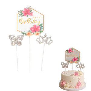 Floral Happy Birthday Cake Topper Set (3 Piecess)