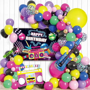 Music party birthday balloon decoration kit with colorful balloon arch, Happy Birthday backdrop, inflatable guitar, microphones, boombox, and confetti balloons
